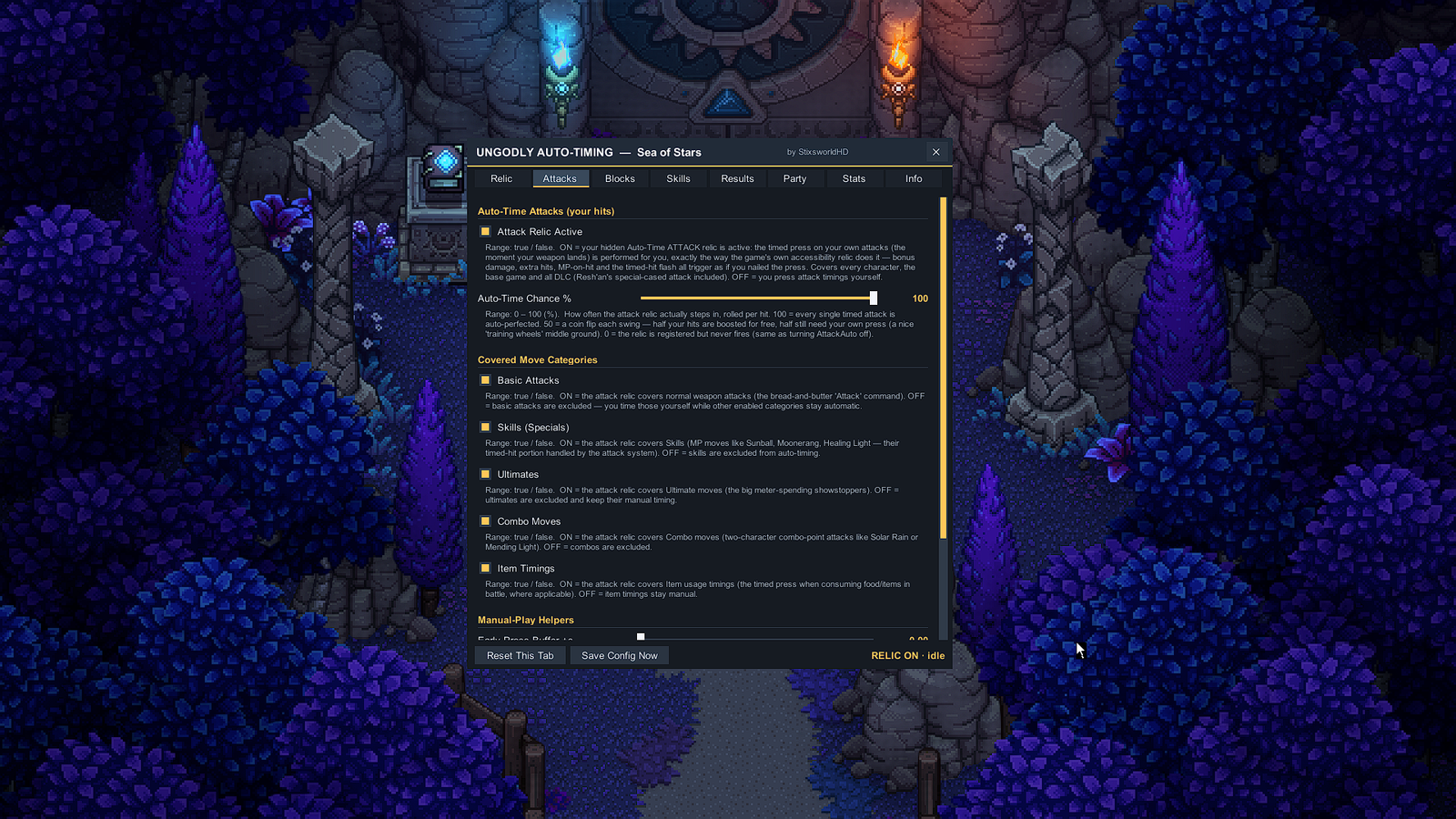 UngodlyAutoTiming Attacks tab over a night forest scene, showing the attack relic toggle, chance slider and move-category filters