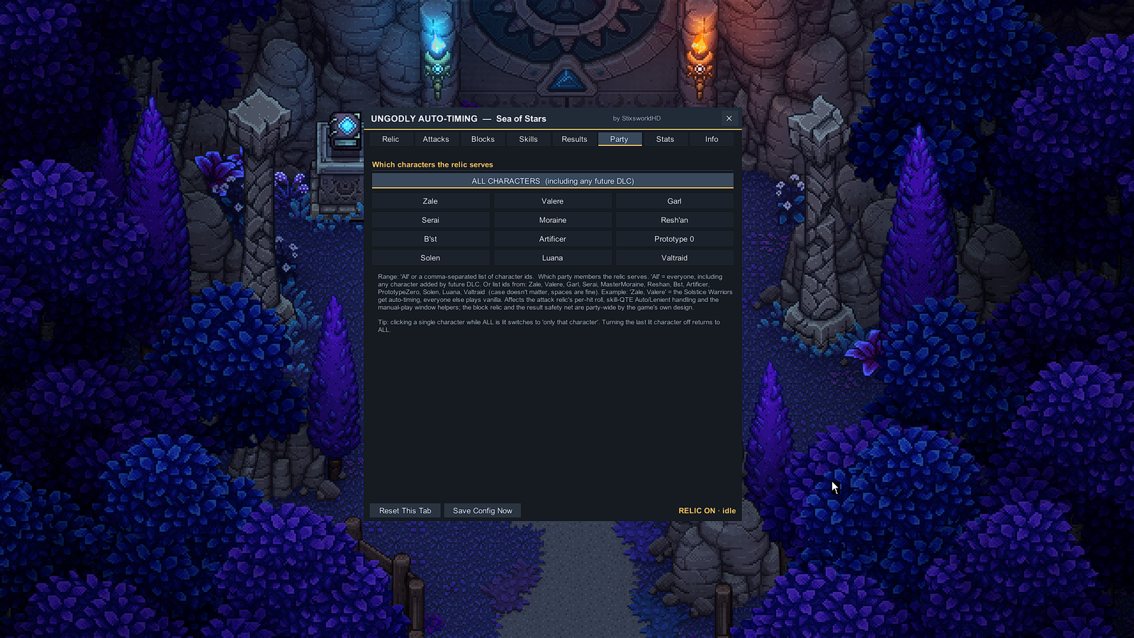 UngodlyAutoTiming Party tab: ALL CHARACTERS button above a grid of twelve individually toggleable character buttons