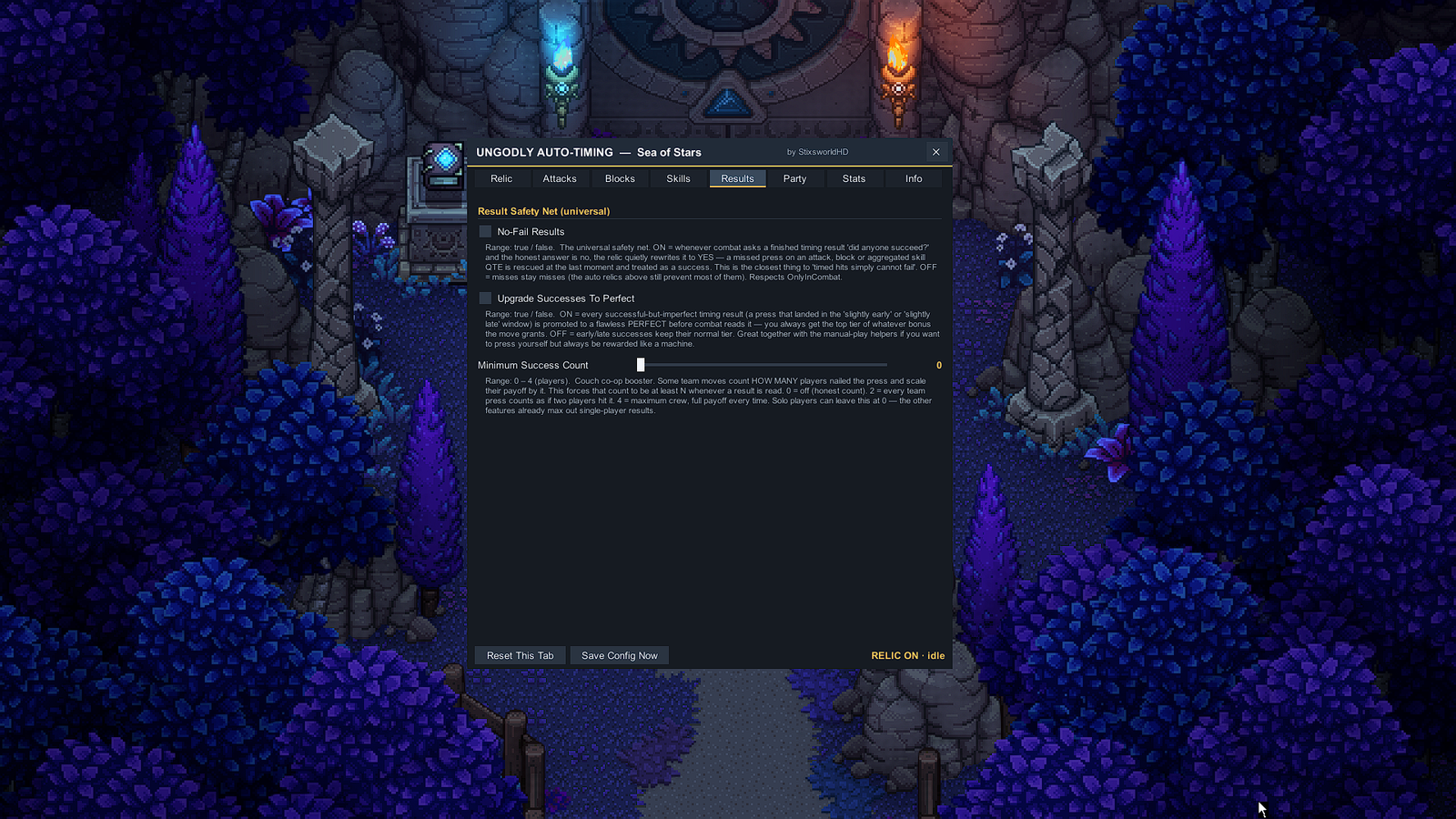 UngodlyAutoTiming Results tab: no-fail results, upgrade successes to perfect, and minimum success count for co-op