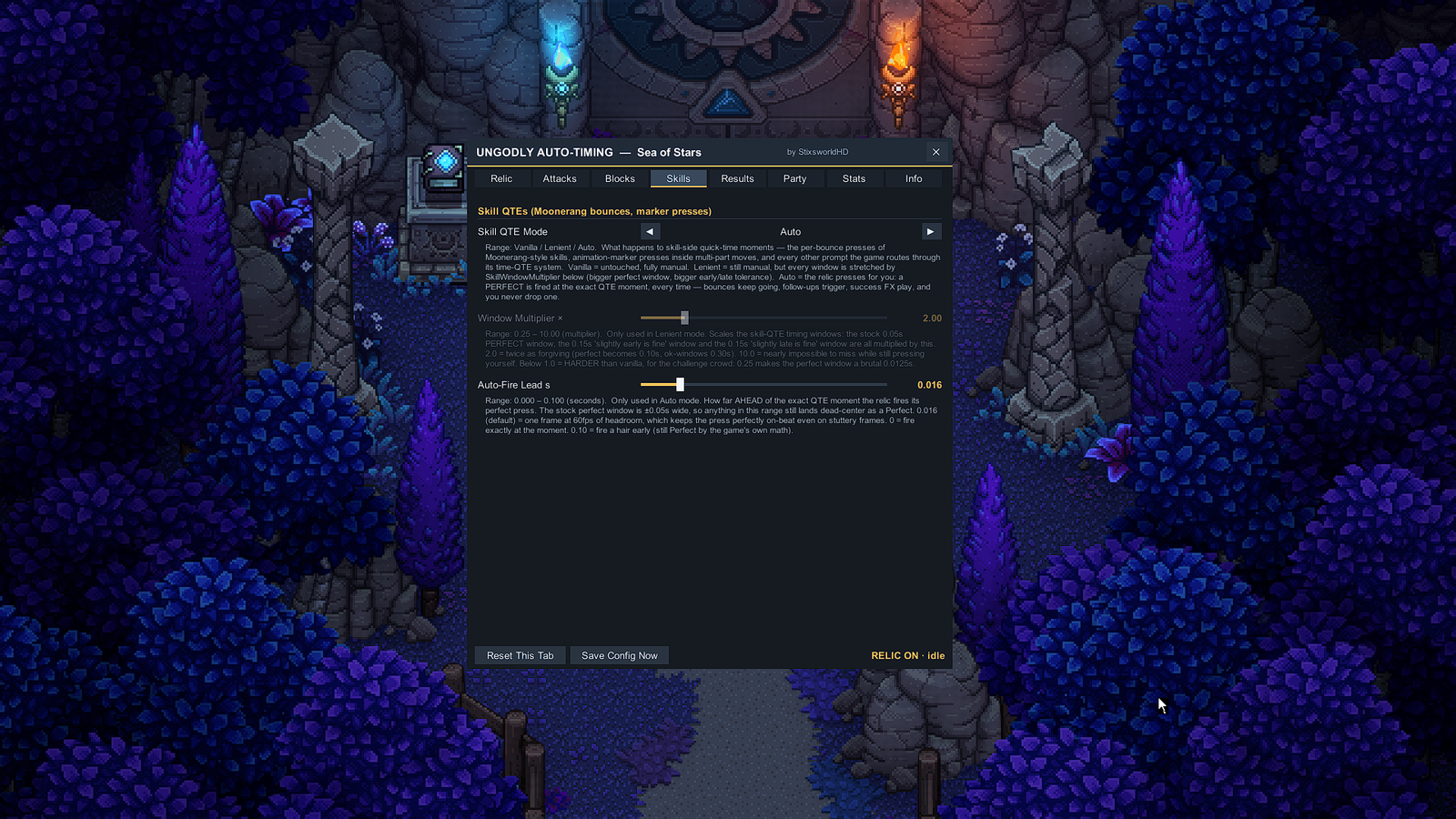 UngodlyAutoTiming Skills tab: skill QTE mode selector, window multiplier (Lenient only) and auto-fire lead (Auto only)