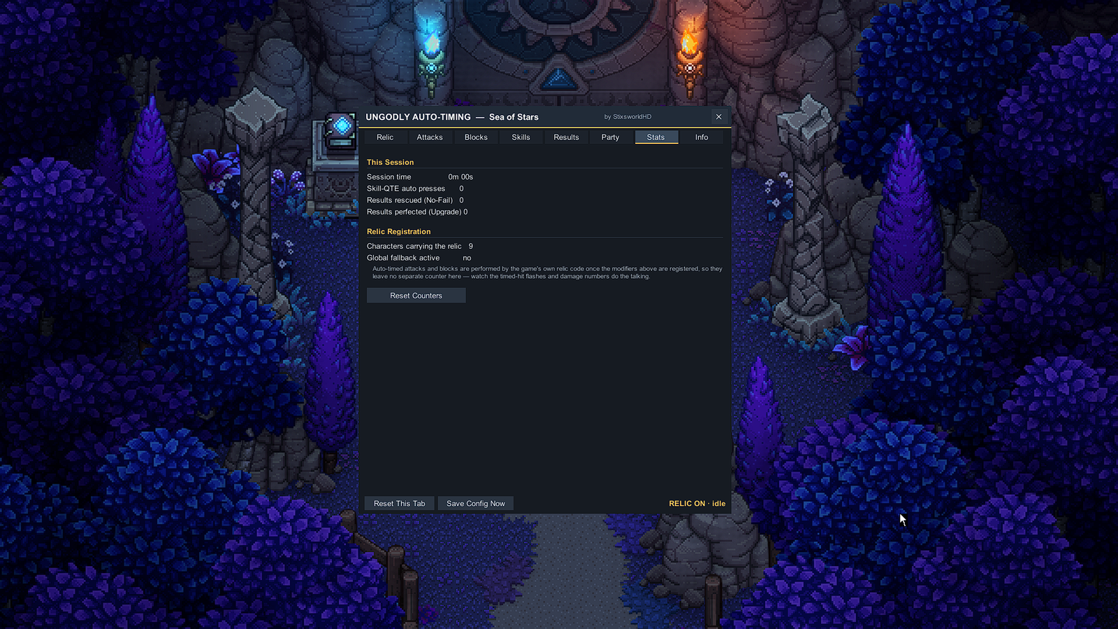 UngodlyAutoTiming Stats tab: session counters for auto presses and rescued results, plus relic registration status